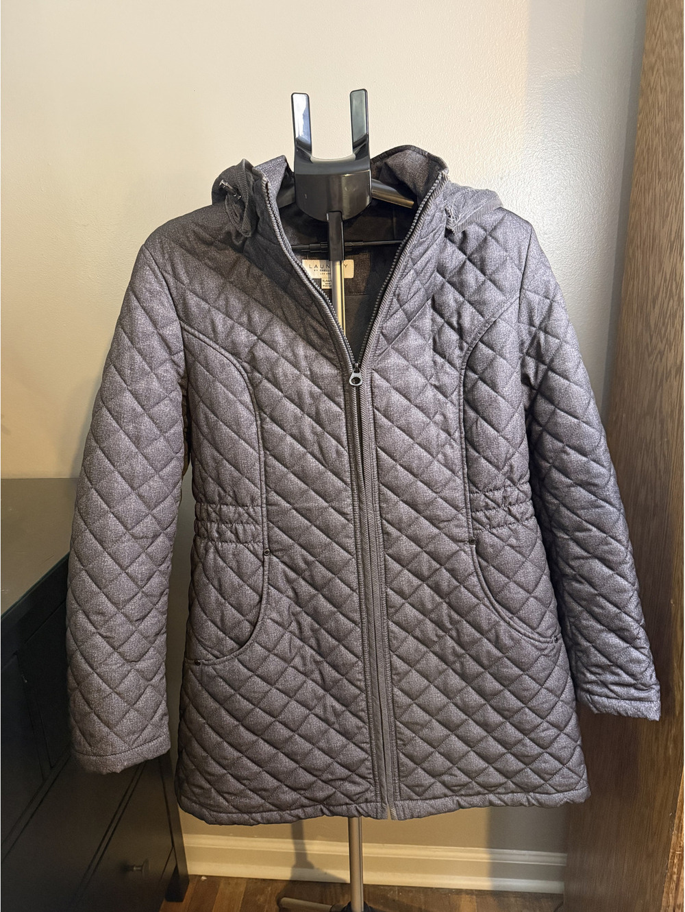 Laundry by Shelli Segal Quilted Hooded Coat XL Charcoal Faux Fur Lined